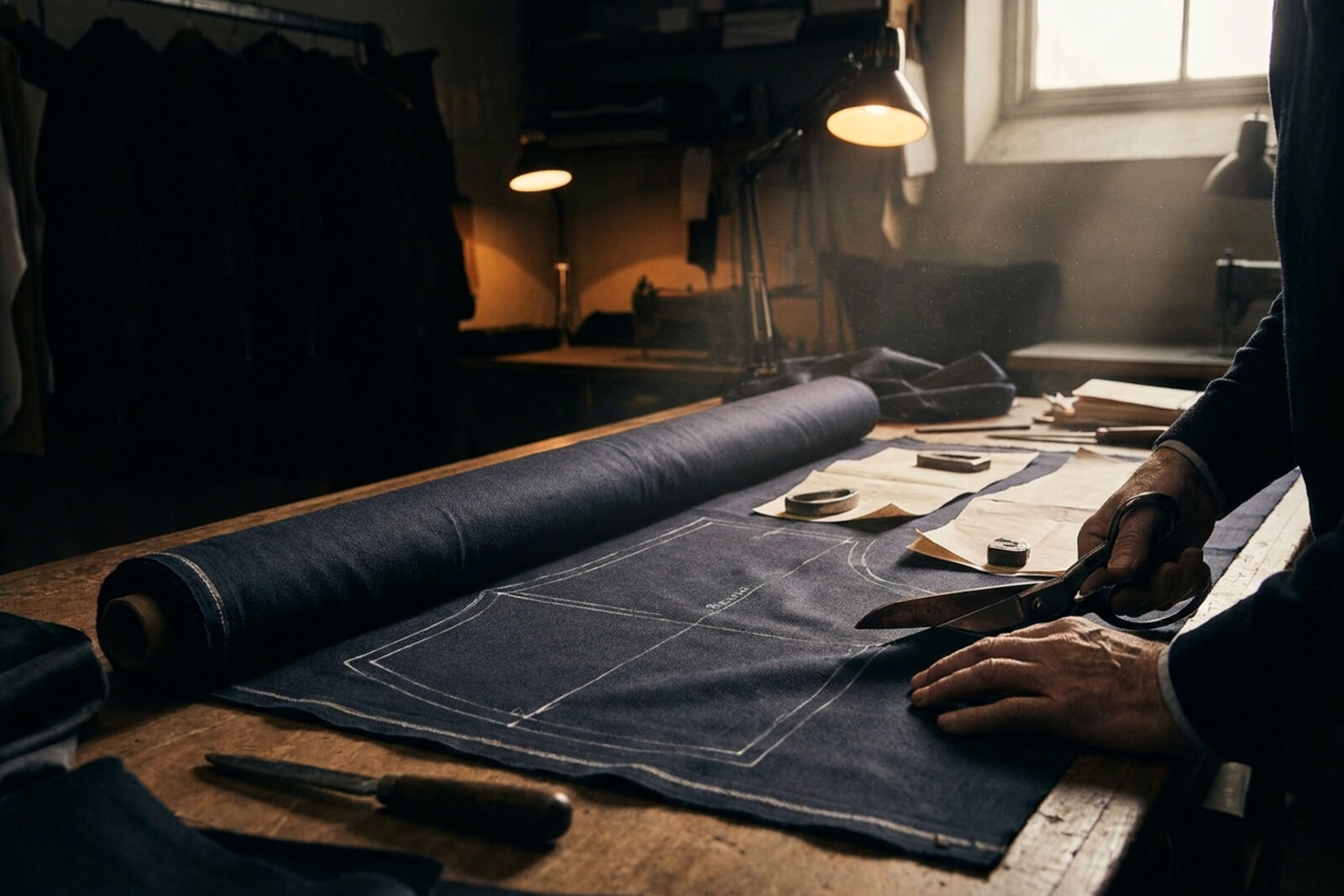 Cutting navy twill on the ZAF workshop table