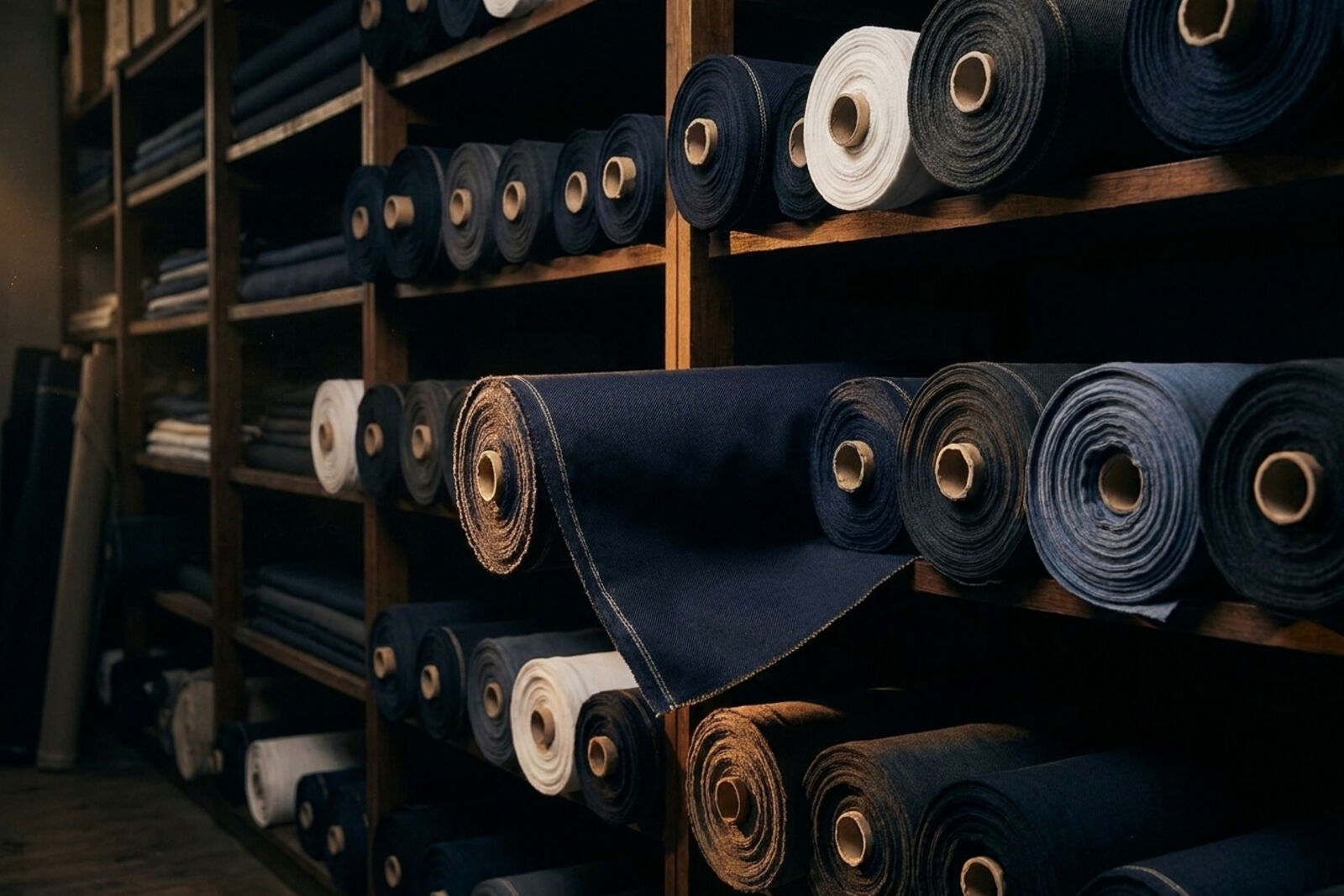 Bolts of uniform fabric on workshop shelving