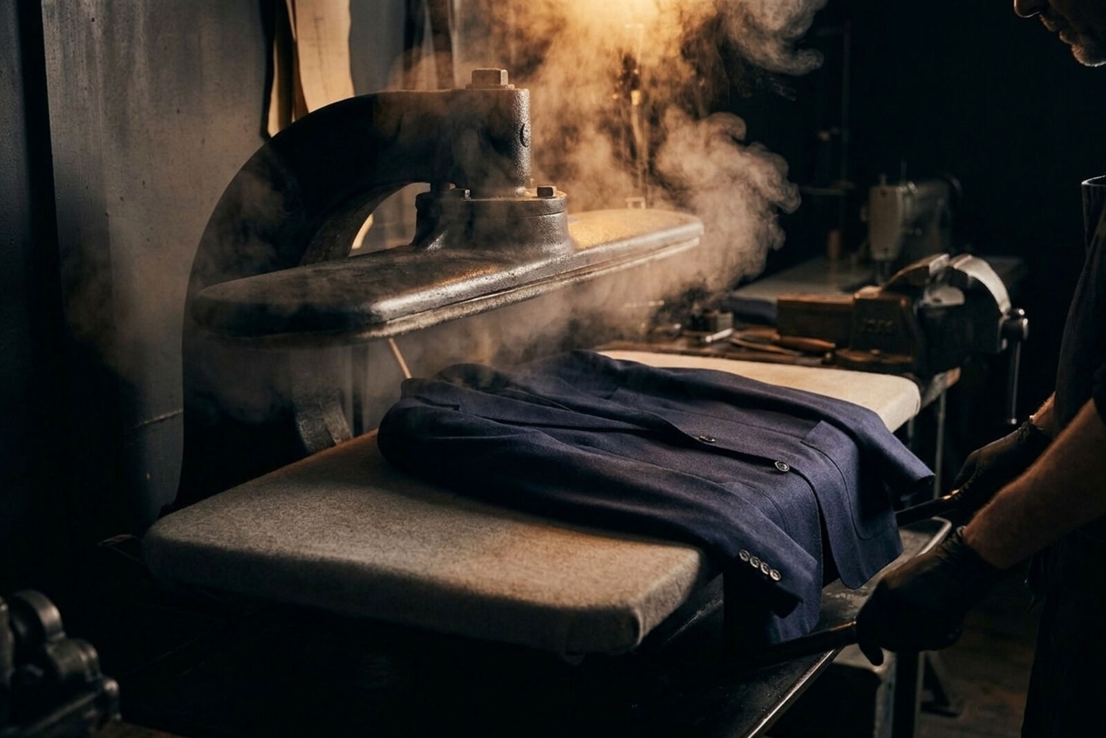 Industrial steam press finishing a navy blazer