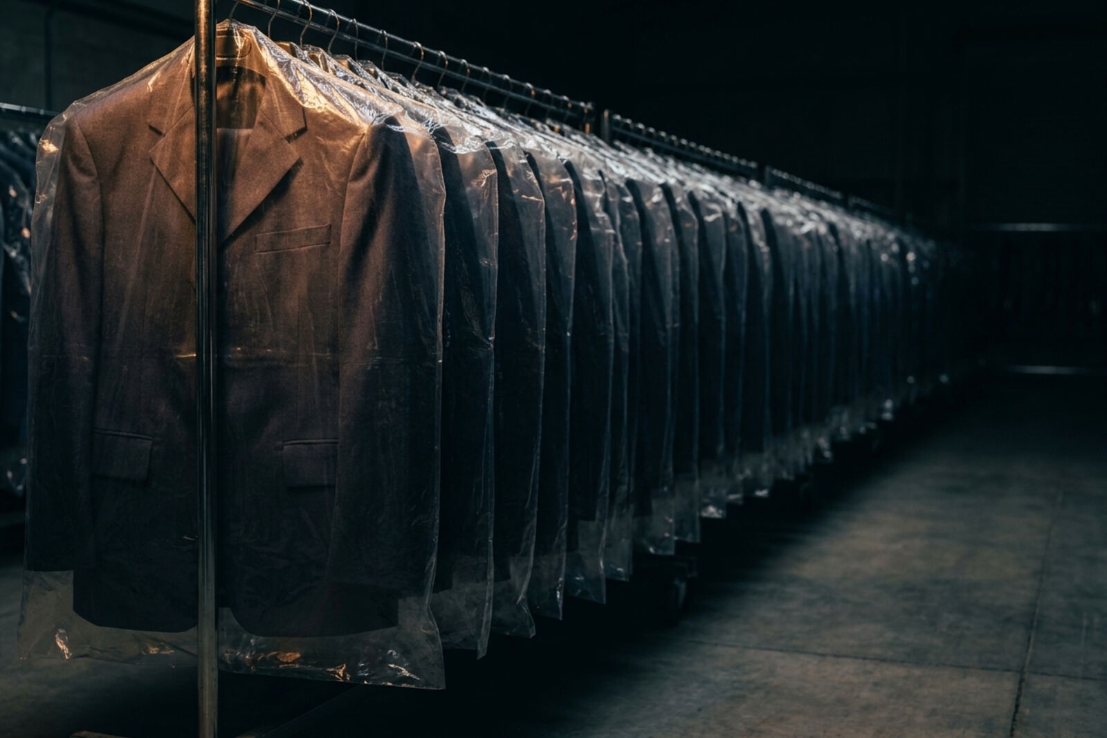 Finished uniforms racked for delivery